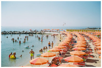 Italy San Remo Beach analogue photography print | Orange sun umbrellas  Eco-Friendly | Coastal Wall Art