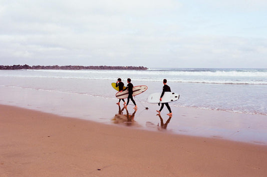 Surfers Zuriola Beach San Sebastian Analogue Photography | Eco-Friendly Coastal Wall Art