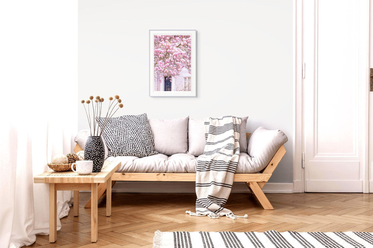 Pink magnolia blossom photography print  london spring floral wall decor