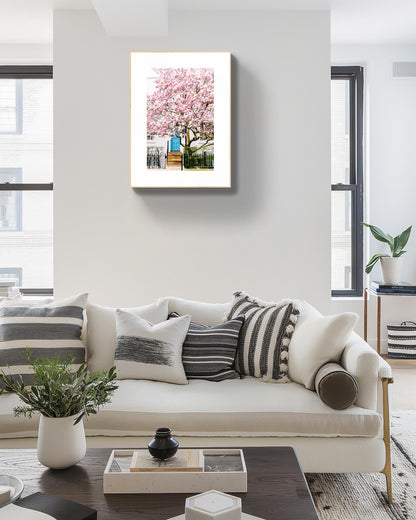 London magnolia blossom wall art print, spring street scene