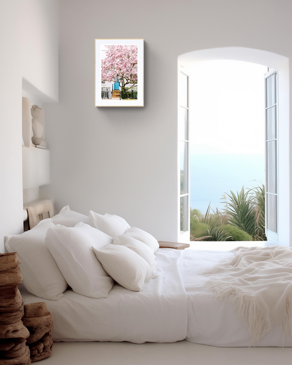 London magnolia blossom wall art print, spring street scene