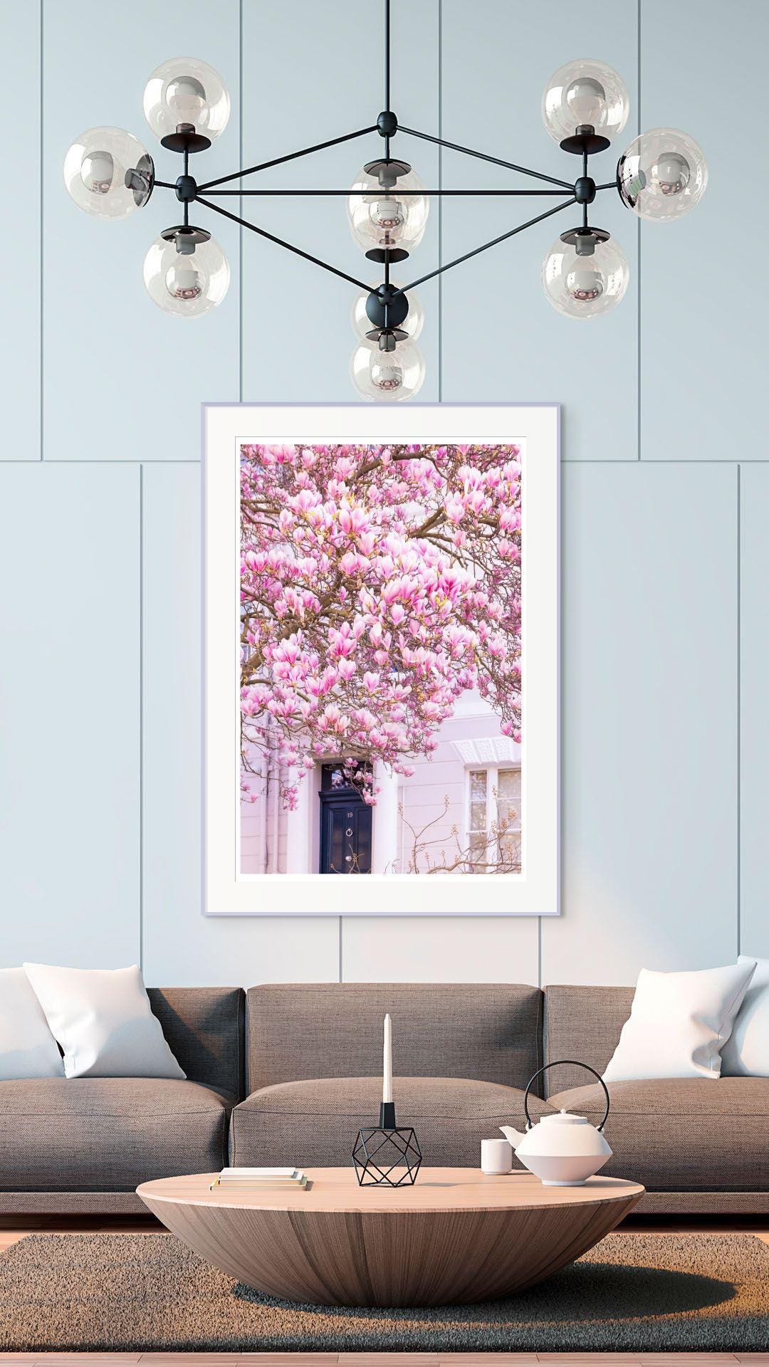 Pink magnolia blossom photography print  london spring floral wall decor