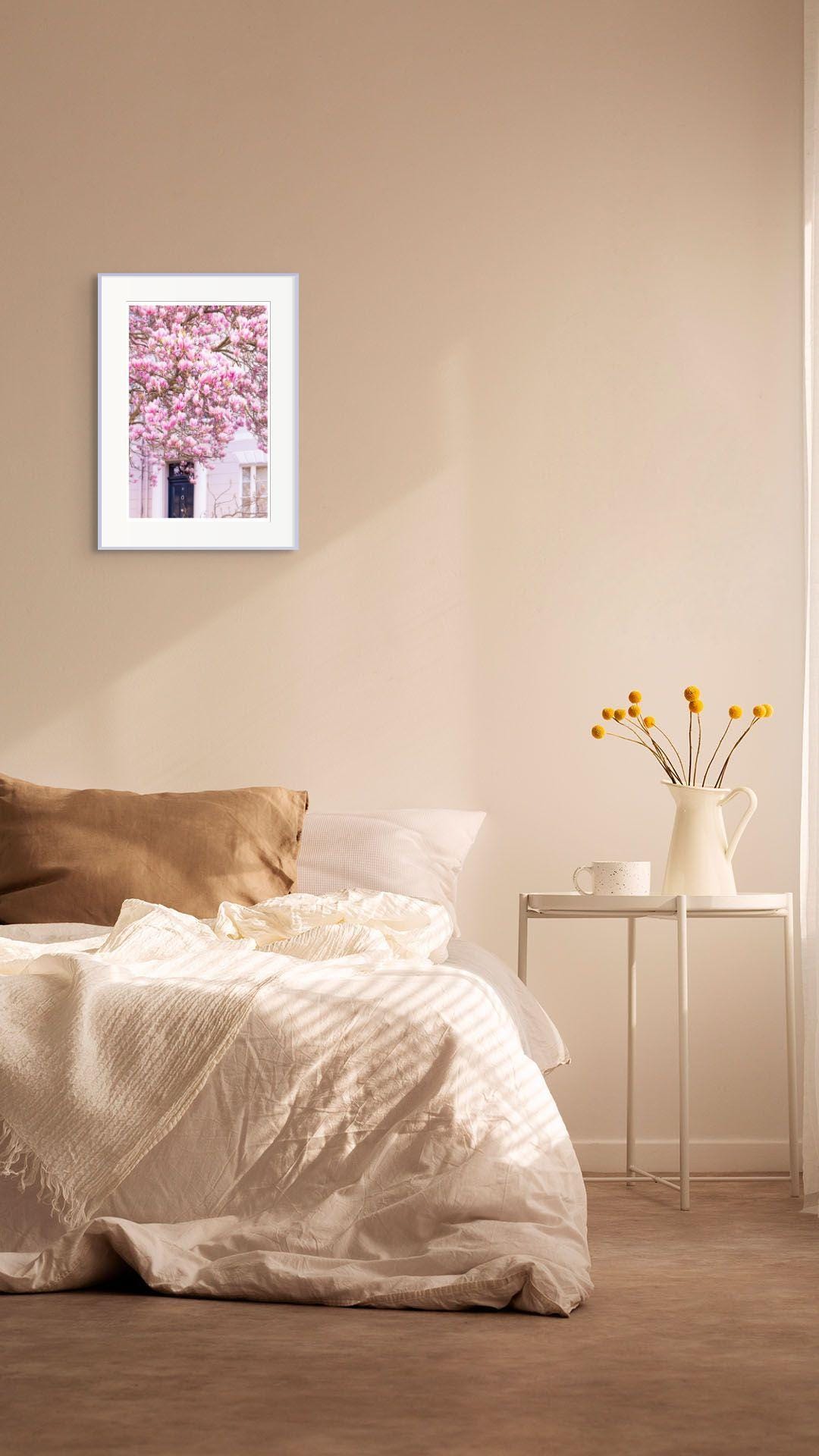 Pink magnolia blossom photography print  london spring floral wall decor