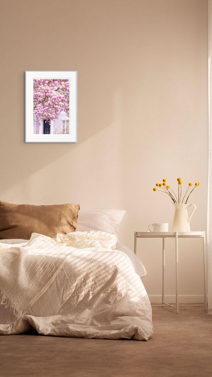 Pink magnolia blossom photography print  london spring floral wall decor