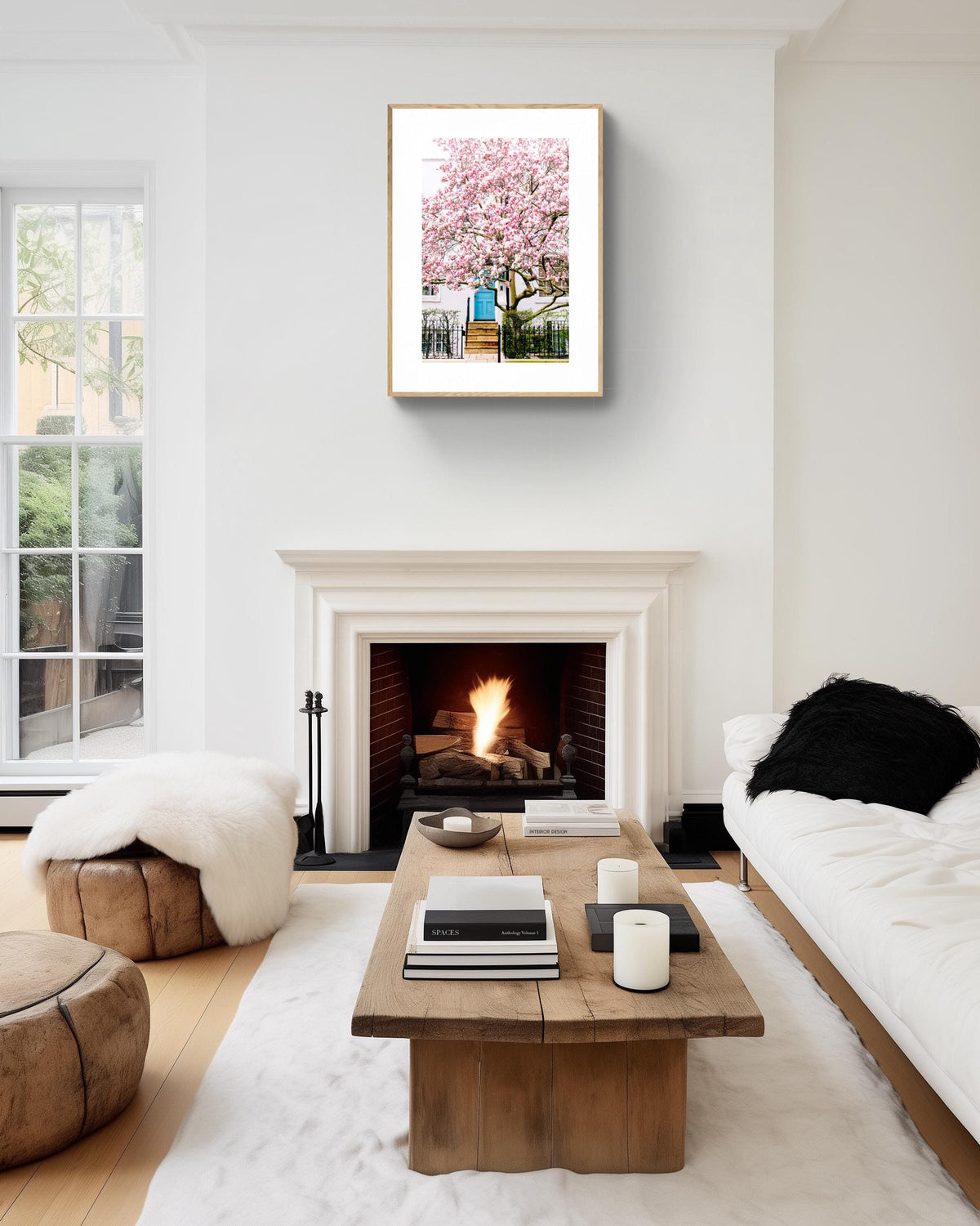 London magnolia blossom wall art print, spring street scene