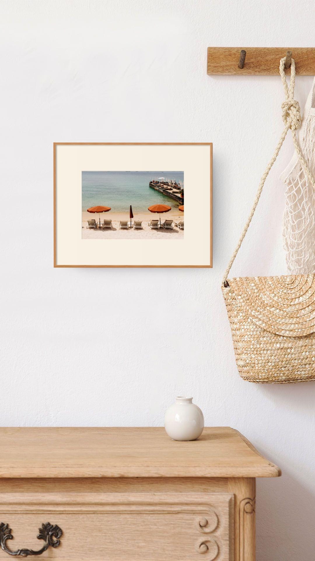French Riviera Print of Juan-les-Pins Beach with Orange Umbrellas