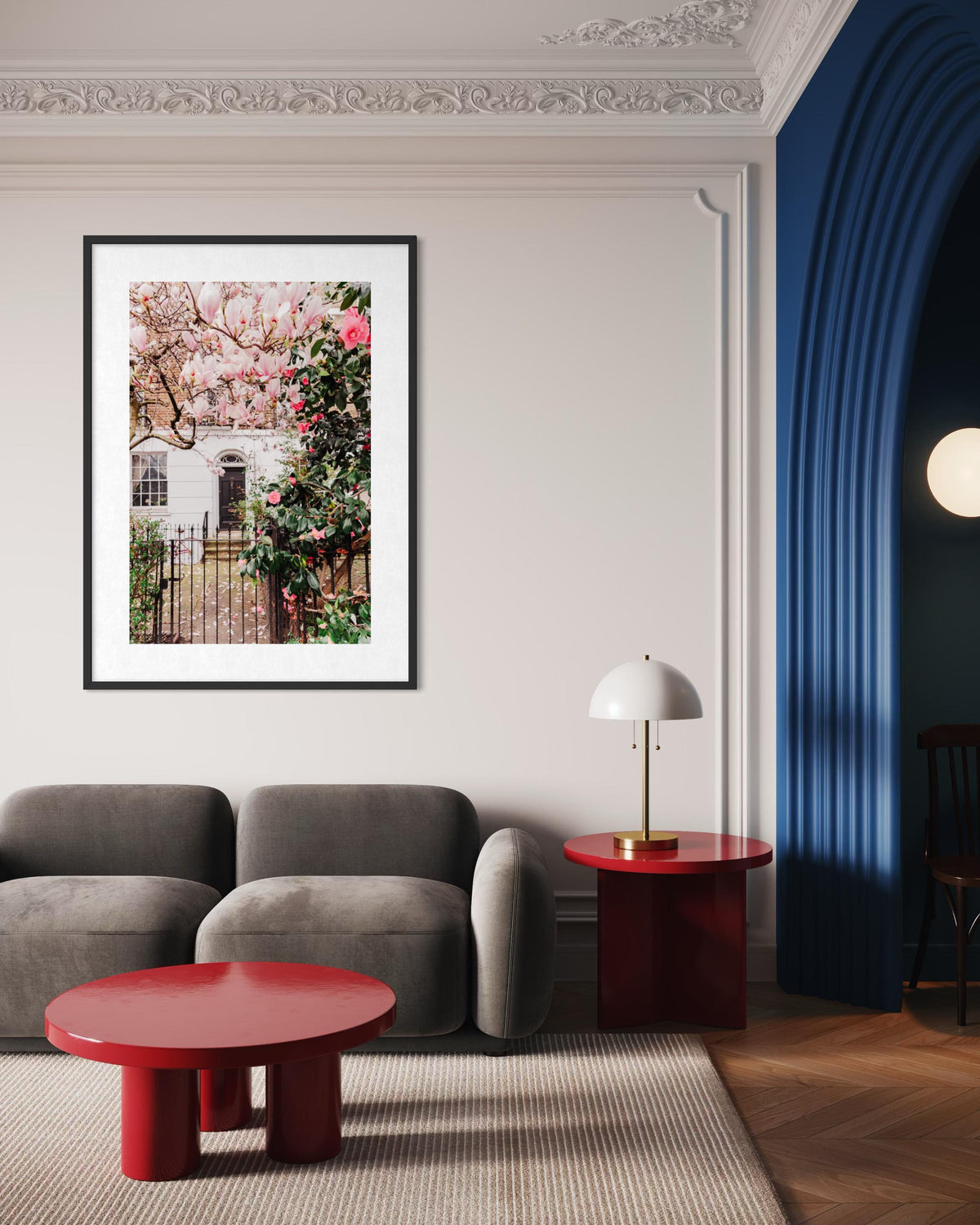 London Art Print, Magnolia Blossom Door Art with Georgian Architecture