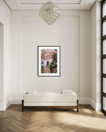 London Art Print, Magnolia Blossom Door Art with Georgian Architecture