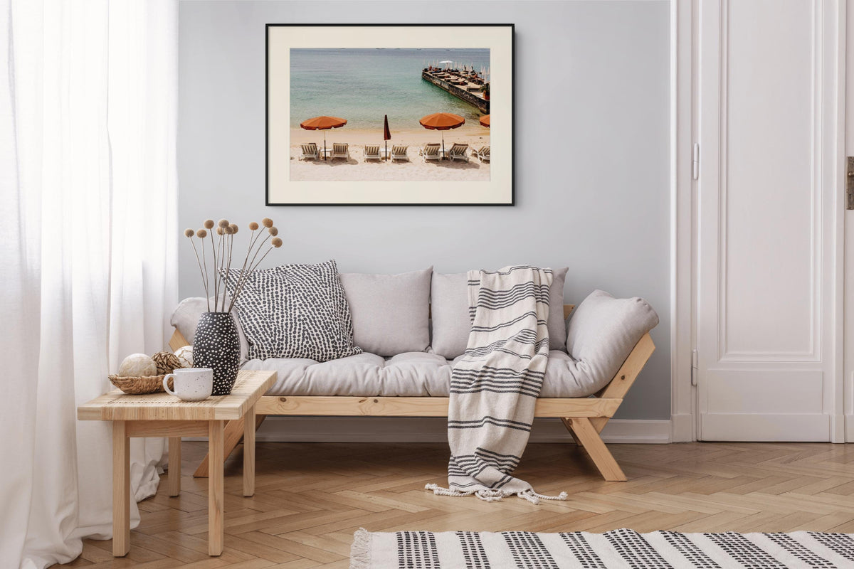 French Riviera Print of Juan-les-Pins Beach with Orange Umbrellas