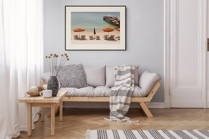 French Riviera Print of Juan-les-Pins Beach with Orange Umbrellas