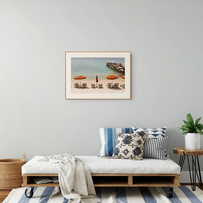 French Riviera Print of Juan-les-Pins Beach with Orange Umbrellas