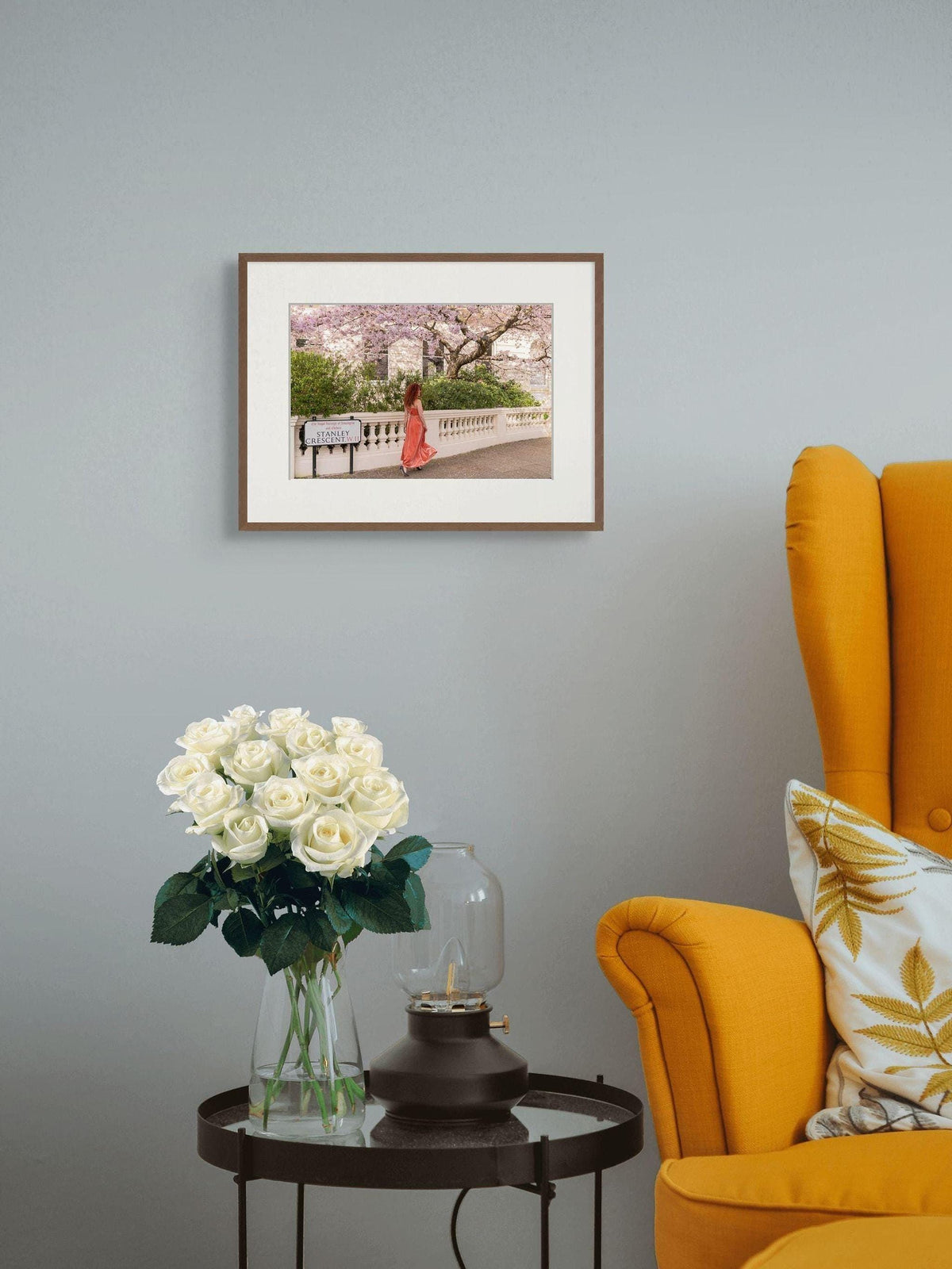 Cherry Blossom London Art Print, Woman in Coral Dress | Giclée Photography
