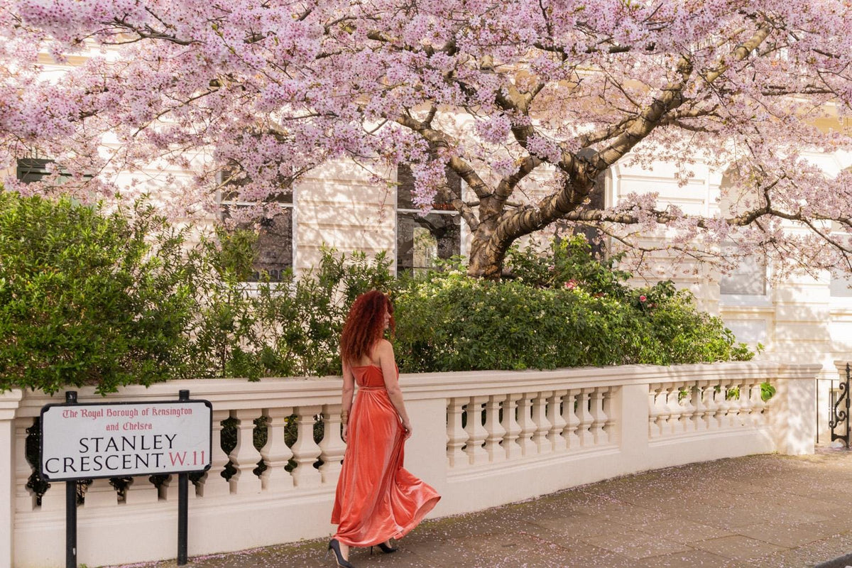 Cherry Blossom London Art Print, Woman in Coral Dress | Giclée Photography