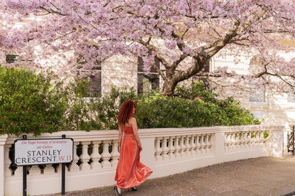 Cherry Blossom London Art Print, Woman in Coral Dress | Giclée Photography