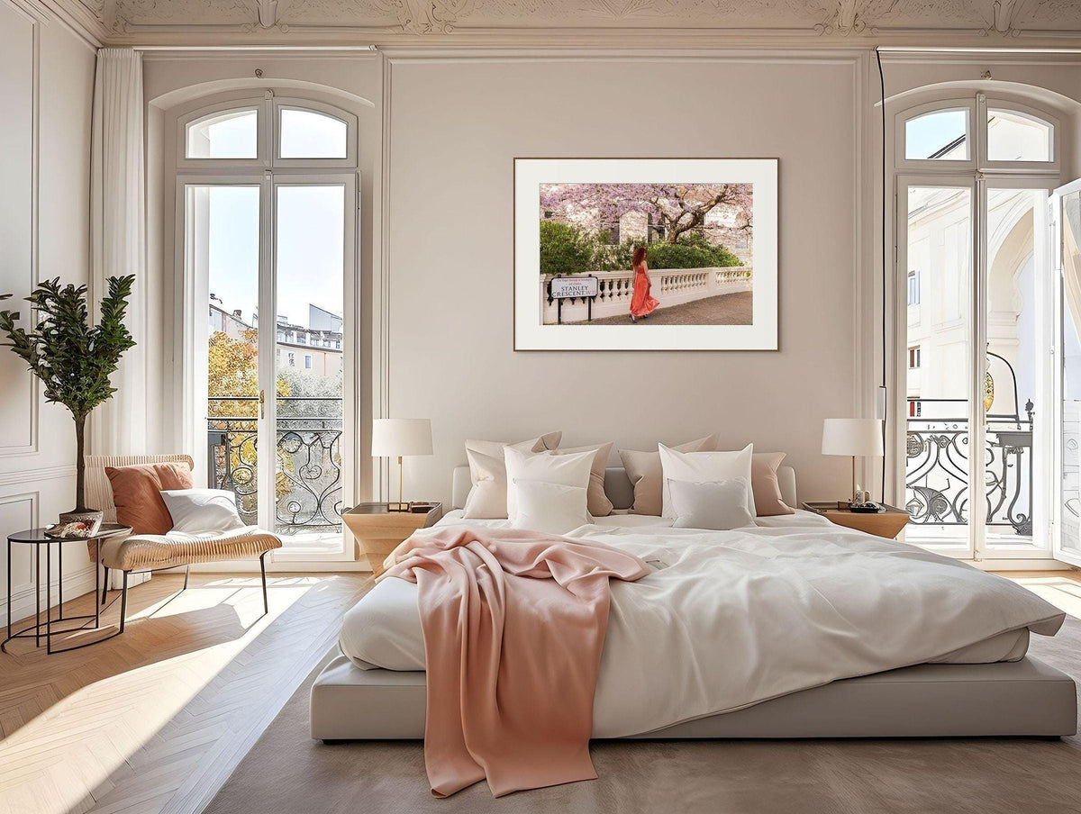 Cherry Blossom London Art Print, Woman in Coral Dress | Giclée Photography