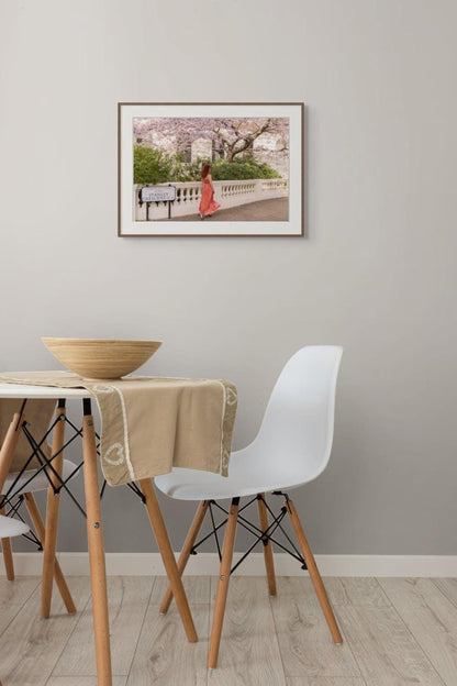 Cherry Blossom London Art Print, Woman in Coral Dress | Giclée Photography
