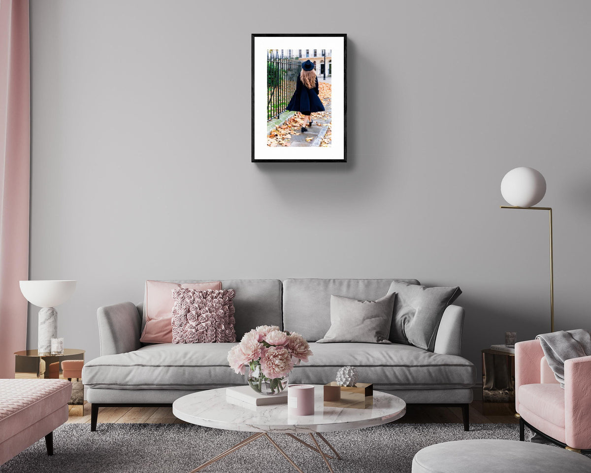 London Street Print, Autumn Photography with Woman Walking on Giclée Paper