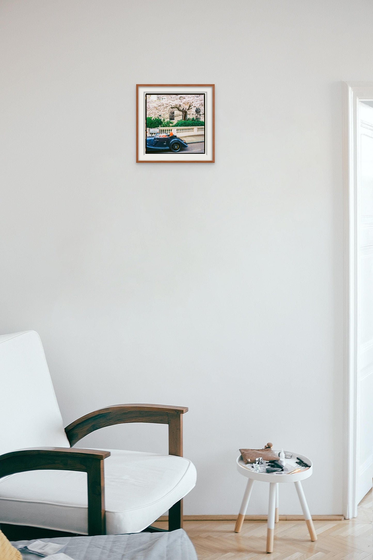 London Wall Art, Springtime Art Print with Classic Car, Cherry Blossom Photograph